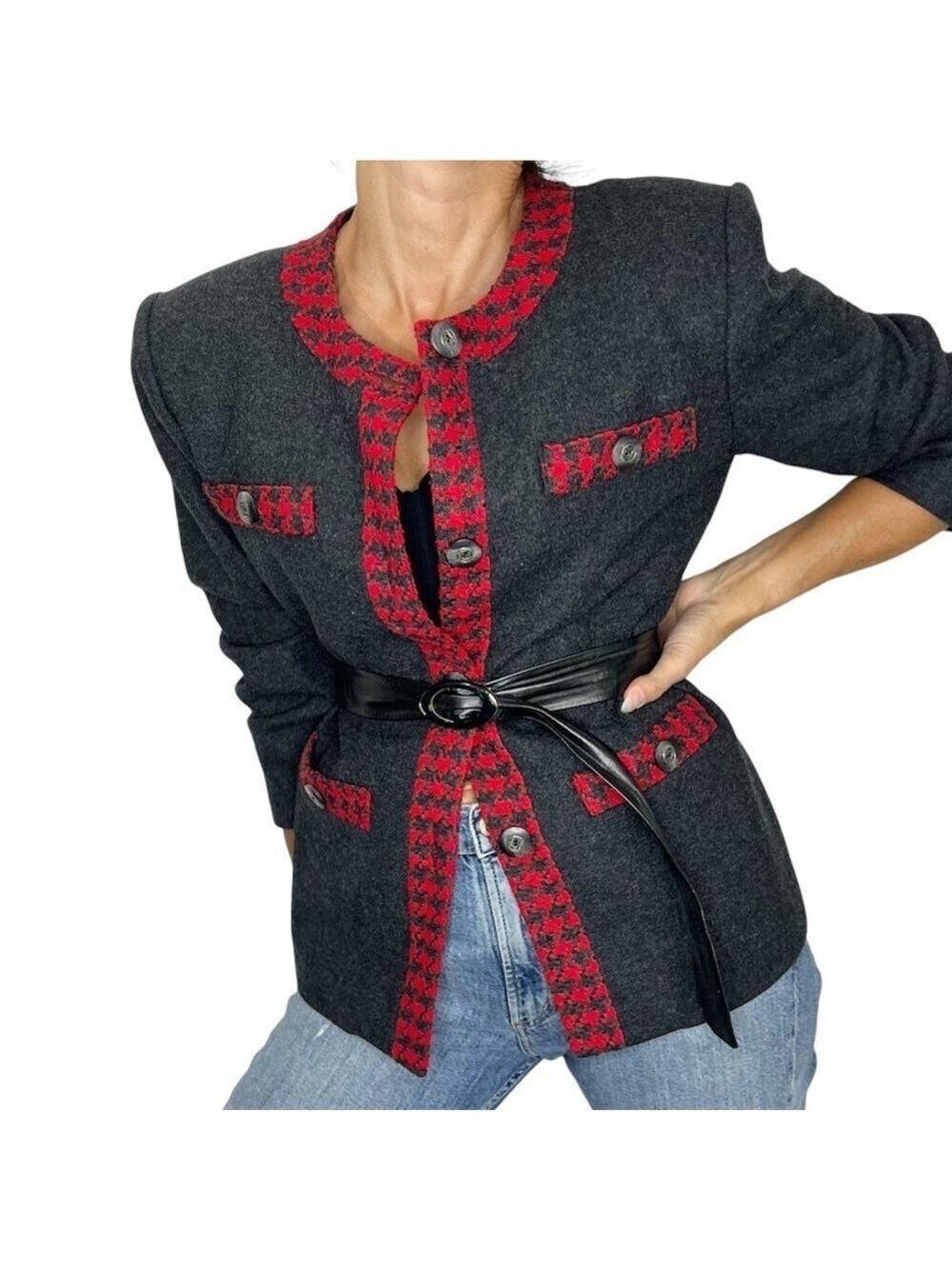 Vintage Bagatelle Sport grey red houndstooth wool blazer jacket 6